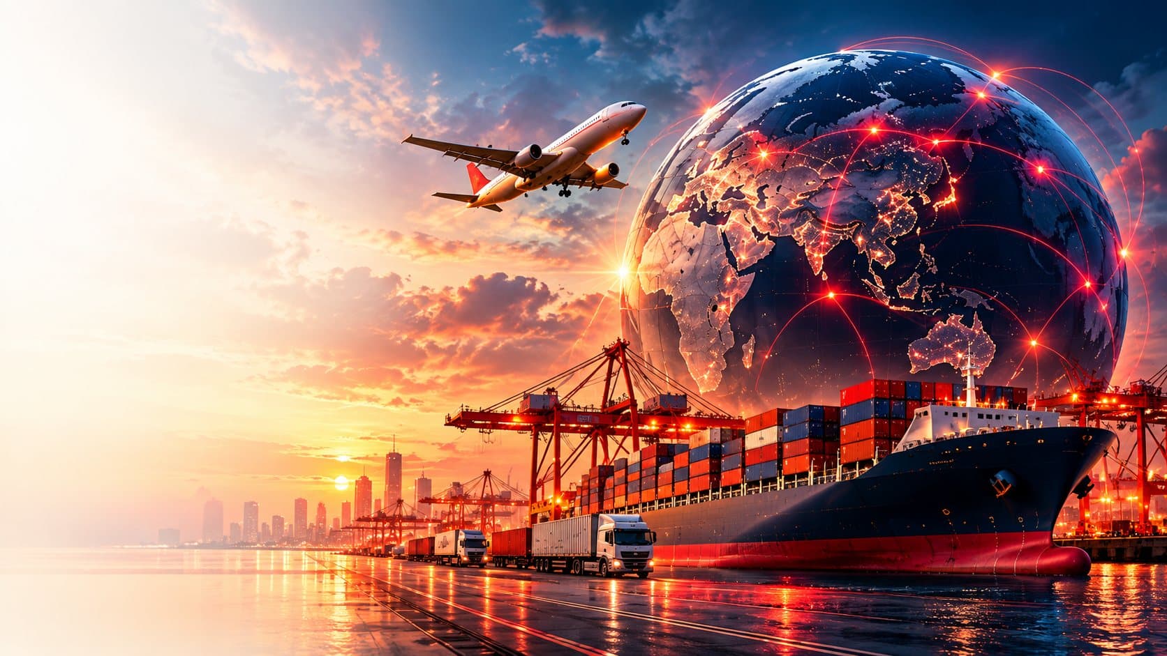 Cargo ship at a container port with cranes, trucks, a departing aircraft and a globe linked by trade routes at sunset